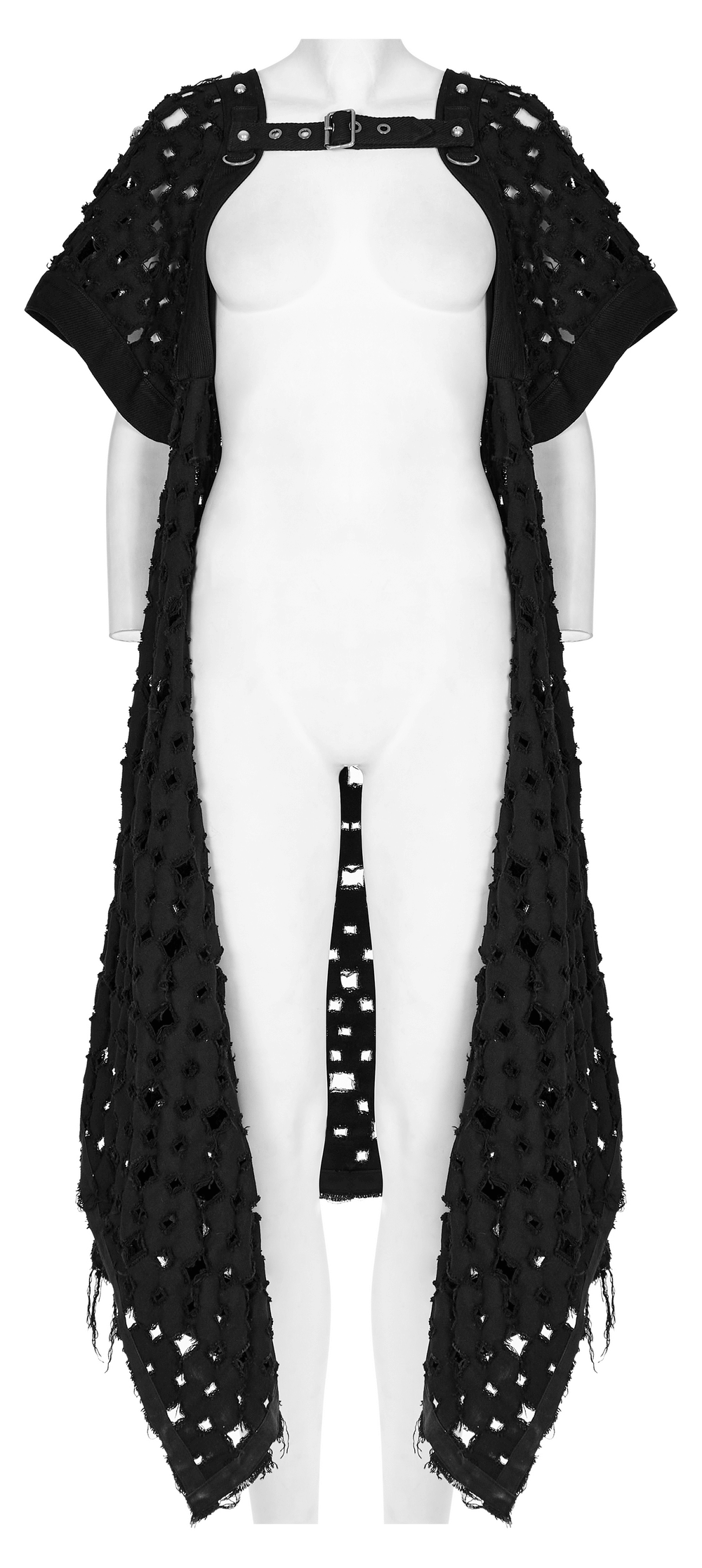 Black ripped twill long cardigan-cape with skull rivets and dramatic hollow-out design.