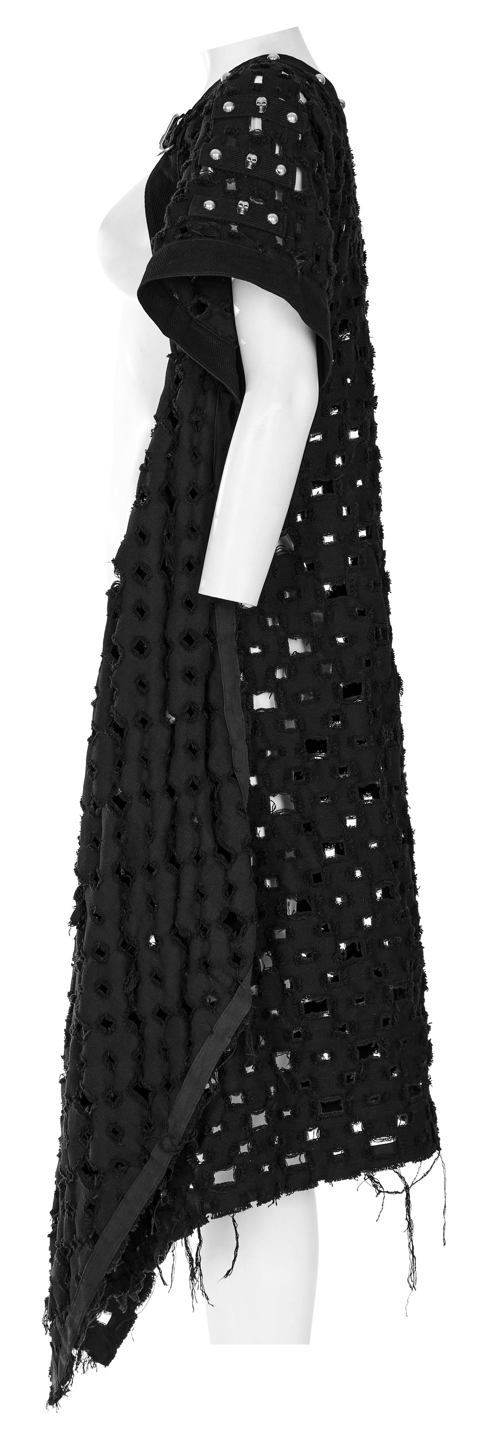 Black ripped twill long cardigan-cape with hollow-out design and skull rivets, perfect for a post-apocalyptic warrior look.