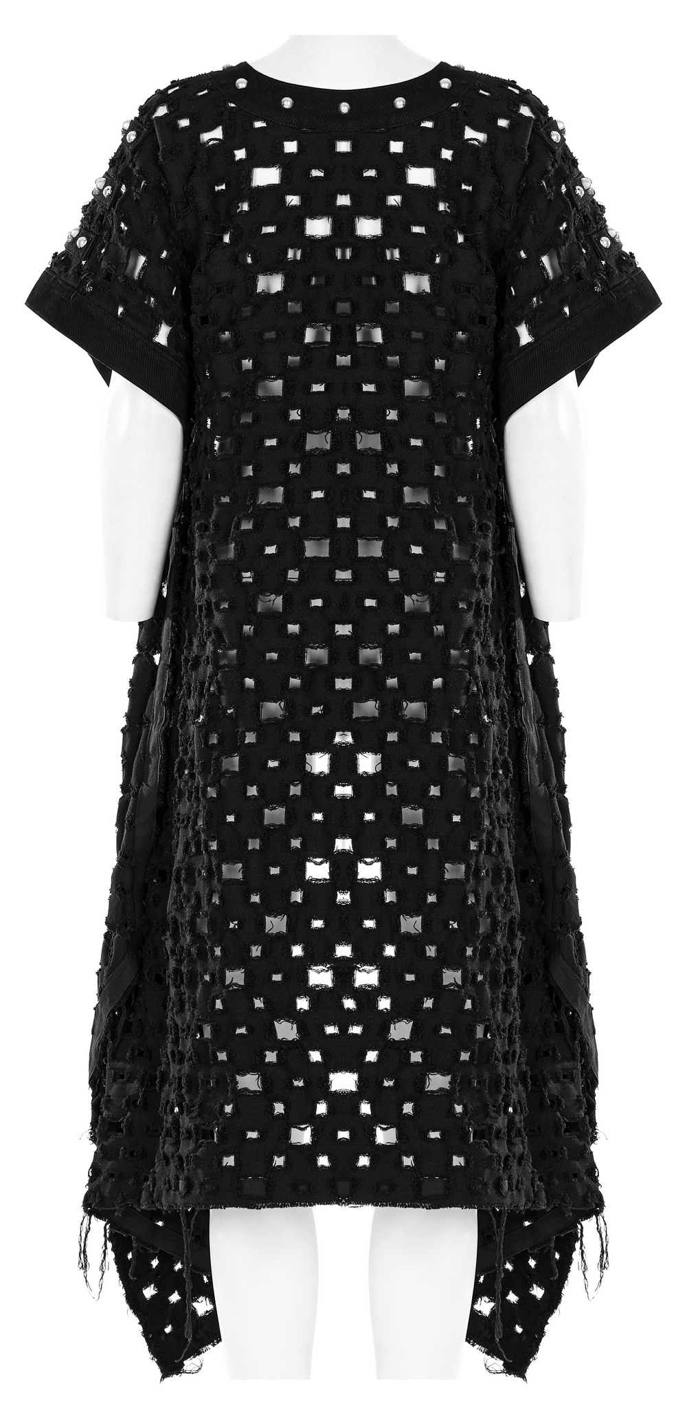 Back view of a black hollow-out dress with square patterns and an asymmetrical hemline.