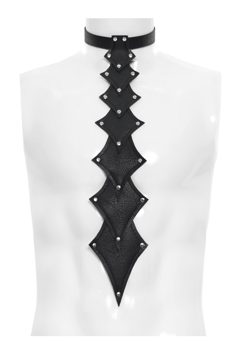 Black Rivet Gothic Choker Body Harness Neckwear showcased on a mannequin, featuring stylish black leather and decorative studs.