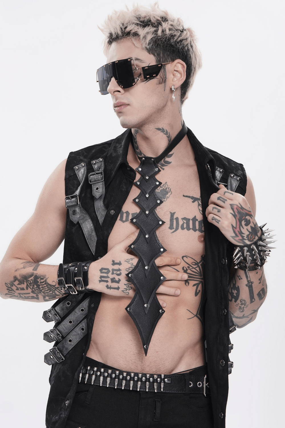 Model showcasing Black Rivet Gothic Choker Body Harness Neckwear with edgy accessories and bold tattoos.