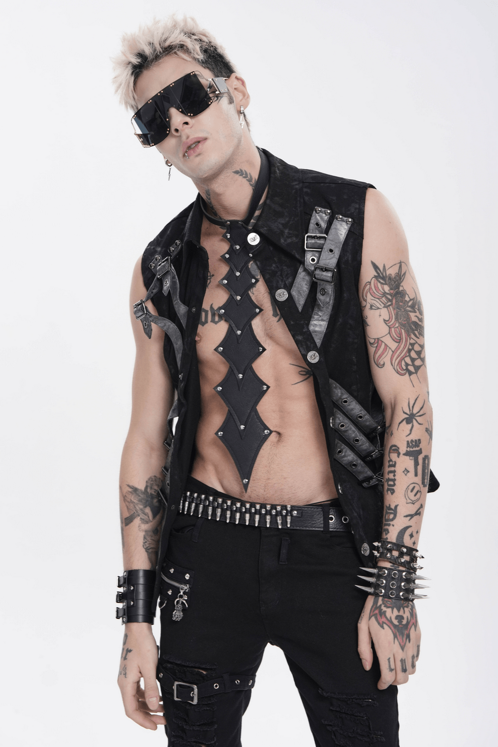 Black Rivet Gothic Choker Body Harness Neckwear worn by a model with tattoos and sunglasses.