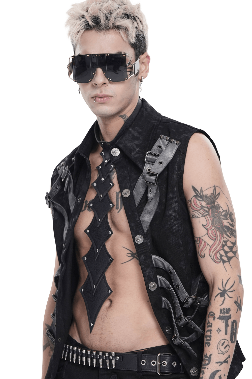Model wearing Black Rivet Gothic Choker Body Harness Neckwear, showcasing edgy style with sunglasses and tattoos.