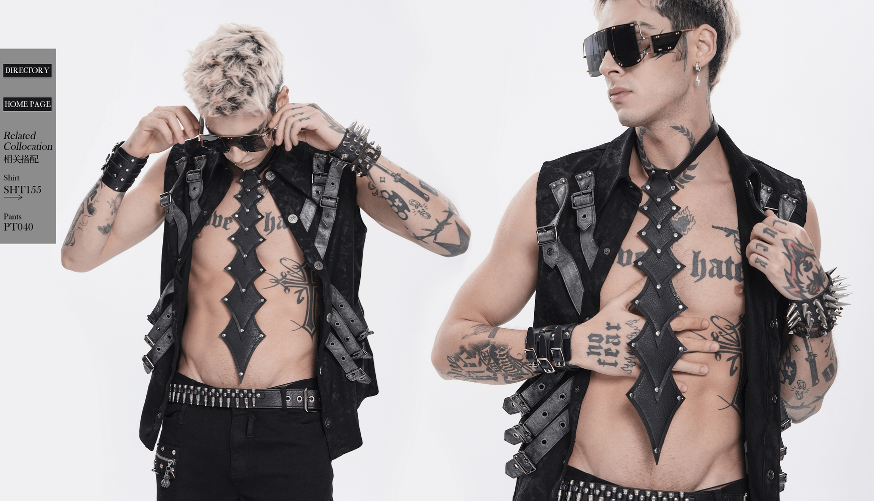 Black Rivet Gothic Choker Body Harness Neckwear showcased by male model in edgy fashion shoot.