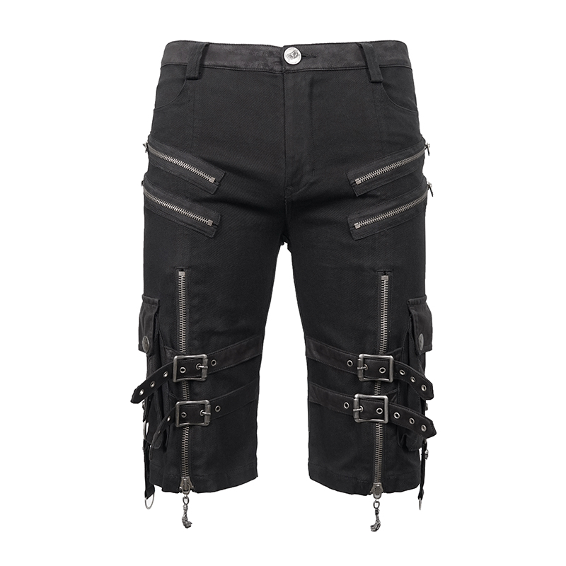 Gothic black rock style shorts with straps and zippers, perfect for alternative fashion enthusiasts.