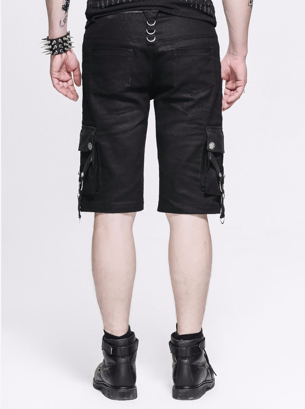 Rear view of black rock style shorts with straps and zippers, perfect for goth and alternative fashion.