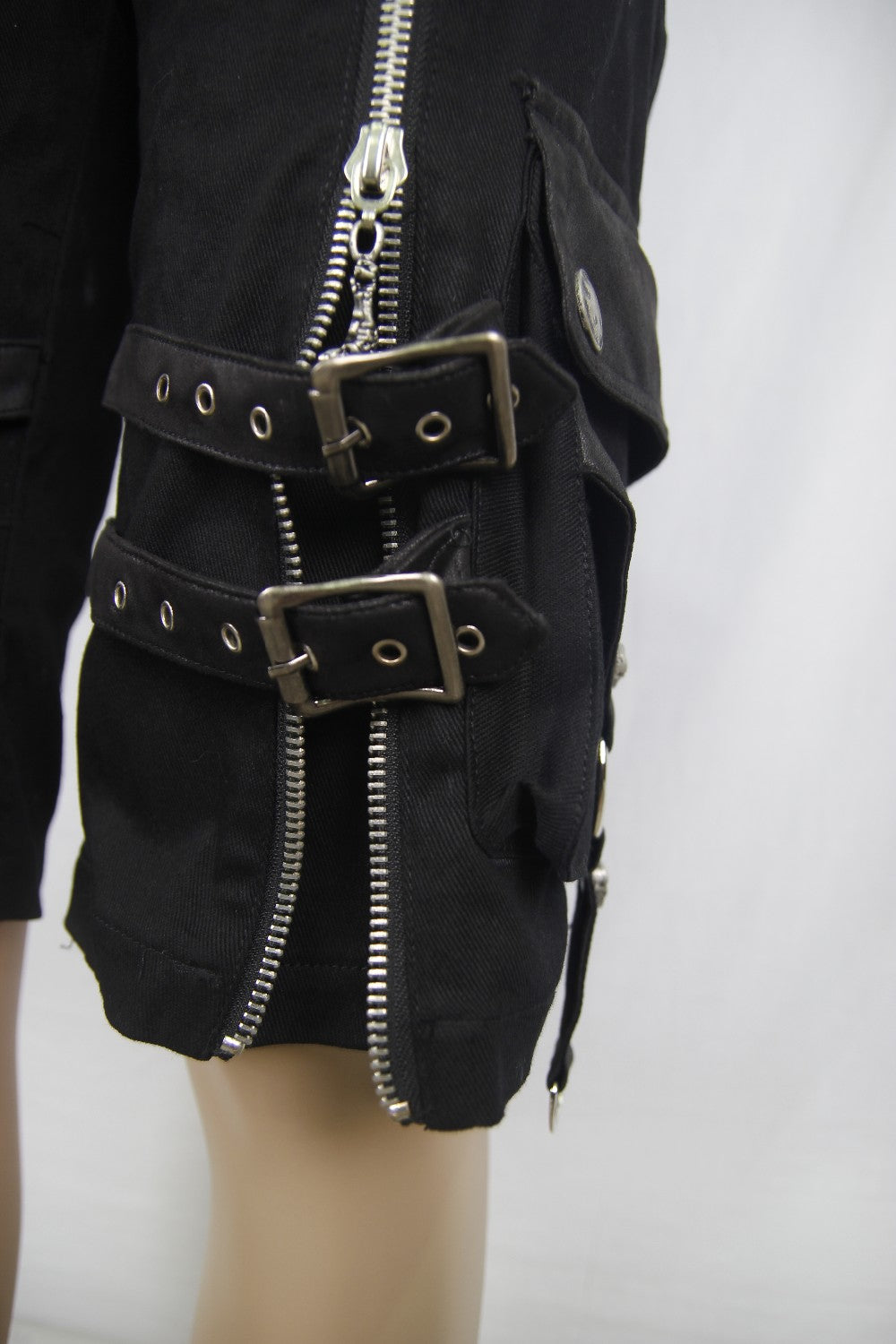 Black rock style shorts with straps and zippers, perfect for men's gothic fashion and everyday wear.