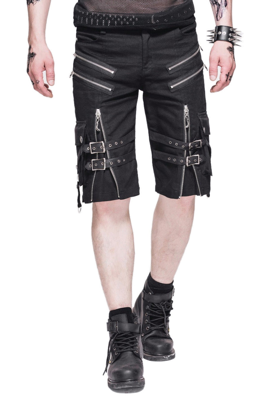 Men's black rock shorts featuring straps and zippers, perfect for gothic outfits and edgy streetwear.