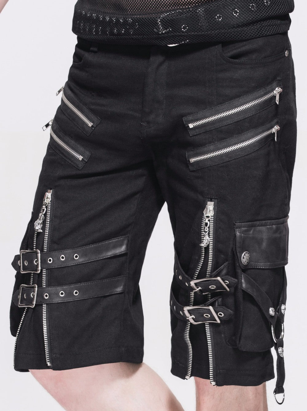 Stylish black rock shorts with zippers and straps in gothic design, perfect for alternative fashion looks.