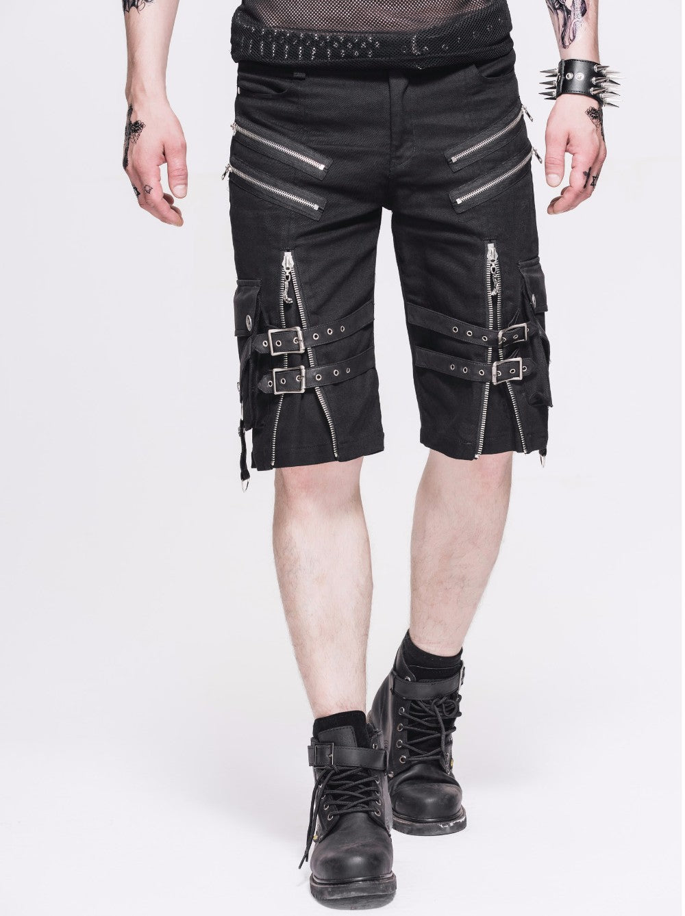 Men's black rock style shorts with straps and zippers, perfect for gothic outfits and everyday wear.
