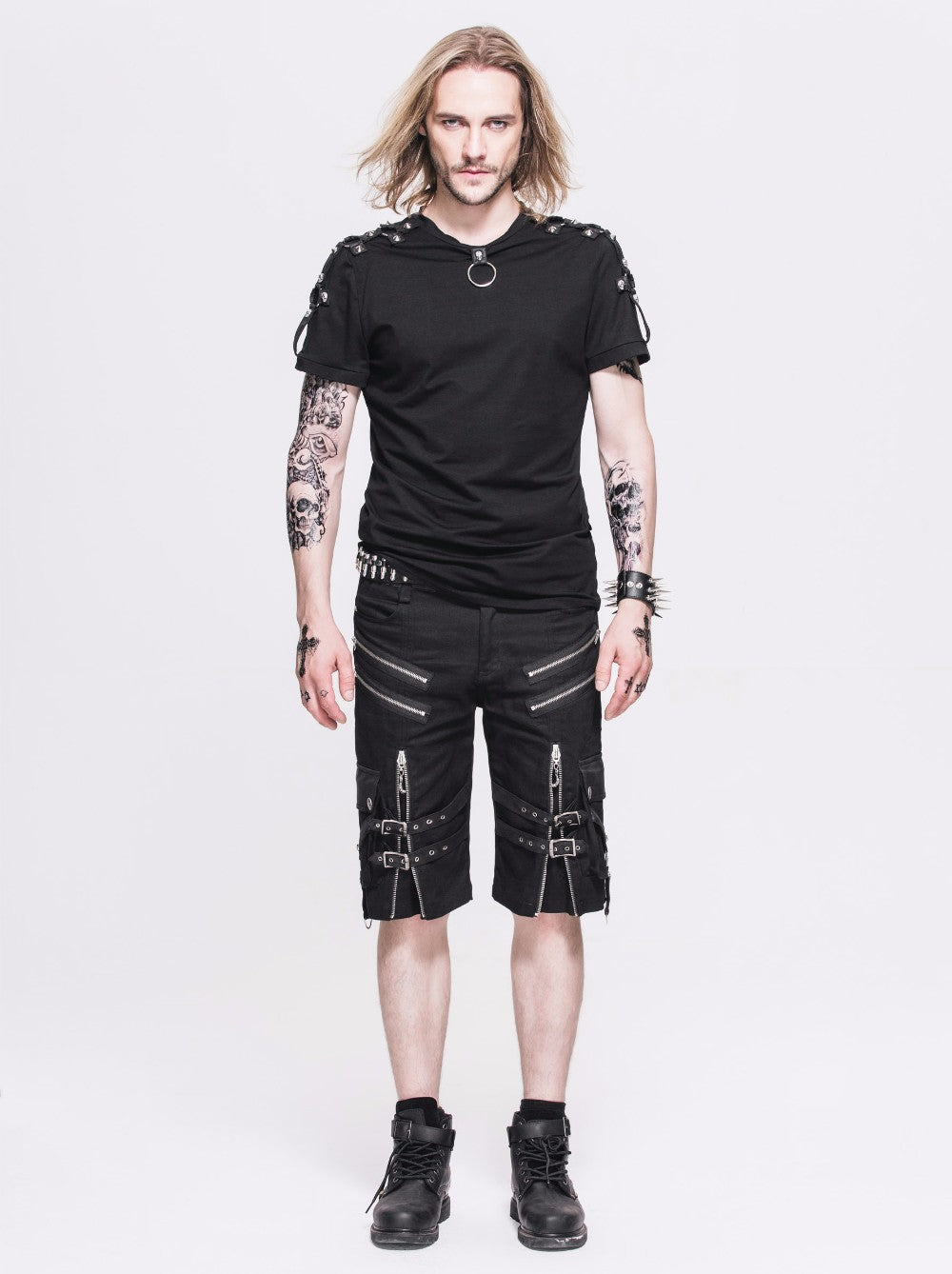 Men's black rock style shorts with straps and zippers, perfect for alternative gothic fashion.