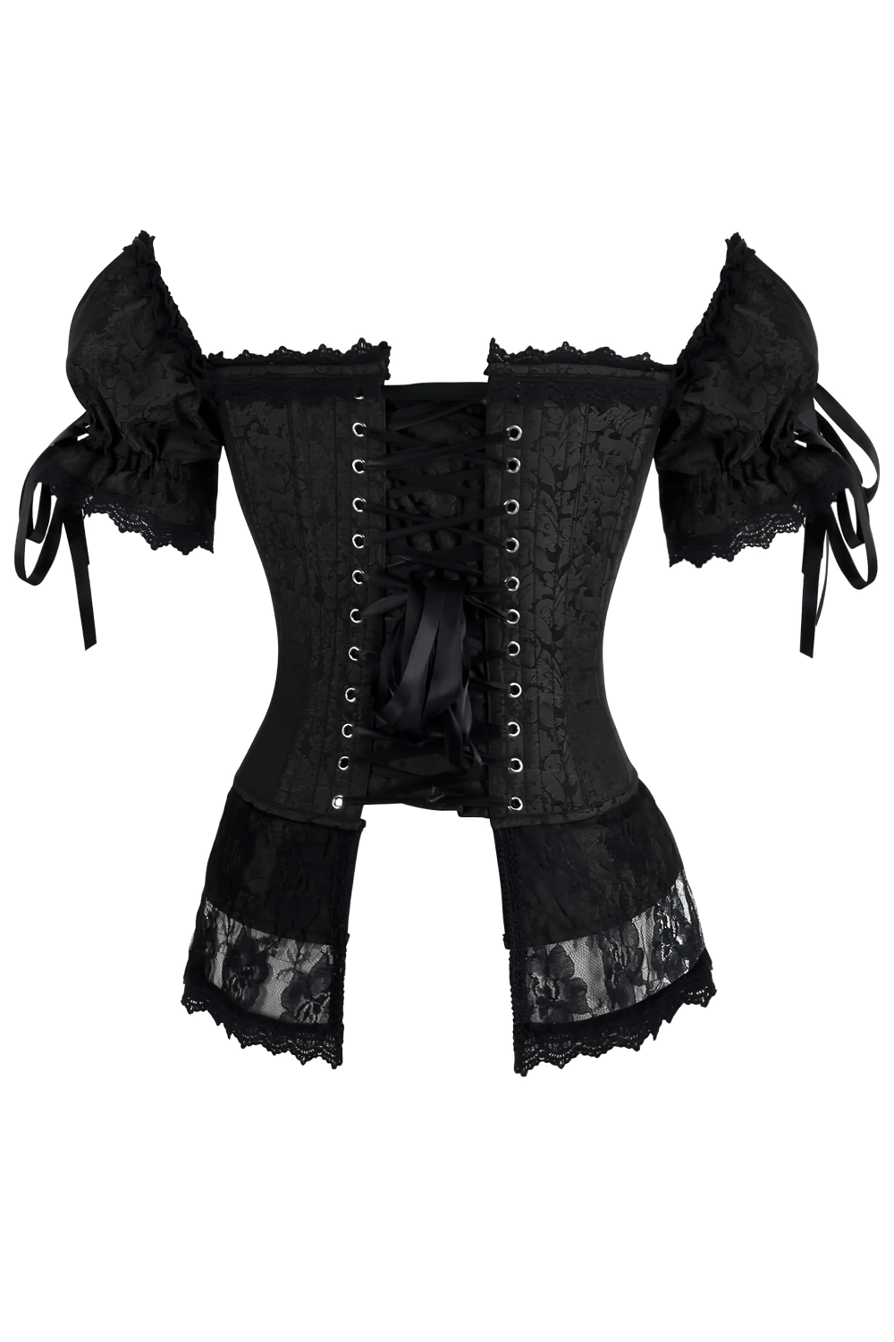 Alt Tag: Black Rococo Overbust Corset with Peplum in Gothic Style with off-shoulder puff sleeves, bows, and lace-up front