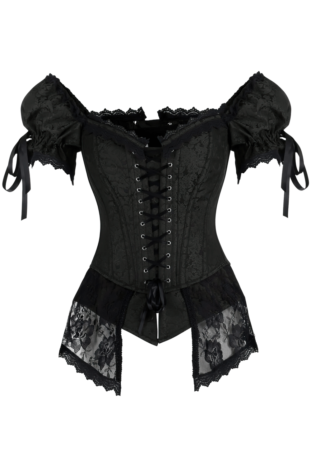 Alt Tag: Black Rococo Overbust Corset with Peplum in Gothic Style off-shoulder puff sleeves, bows, lace peplum, front lacing
