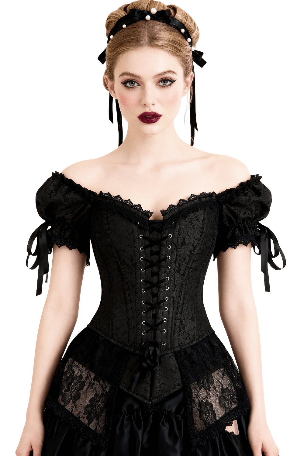 Black Rococo Overbust Corset with Peplum in Gothic Style off-shoulder puff sleeves, ribbon bows, front lacing—Victorian drama in black