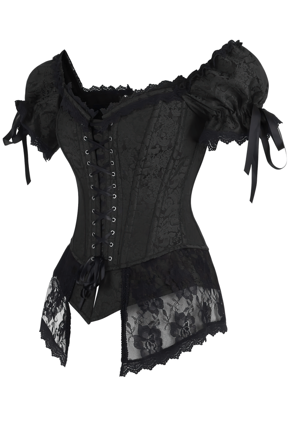 Alt Tag: Black Rococo Overbust Corset with Peplum in Gothic Style, off-shoulder puff sleeves, bows, lace-up front, Victorian vibes