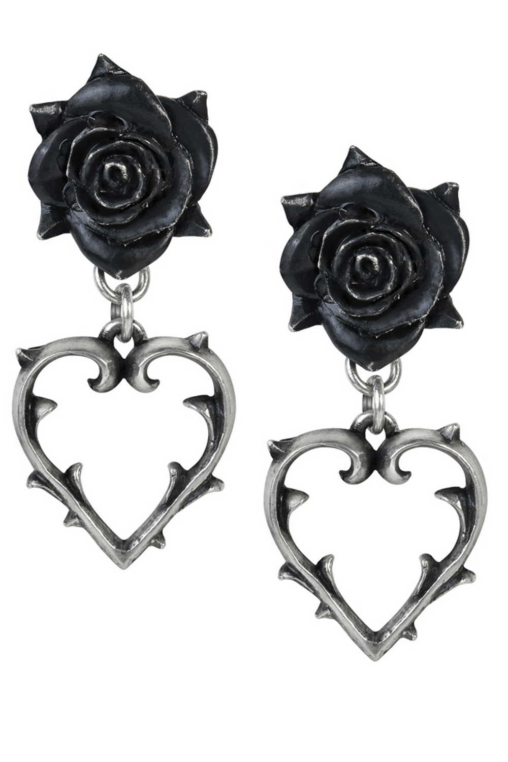 Elegant black rose earrings with pewter heart detailing, embodying gothic charm and dark romance.