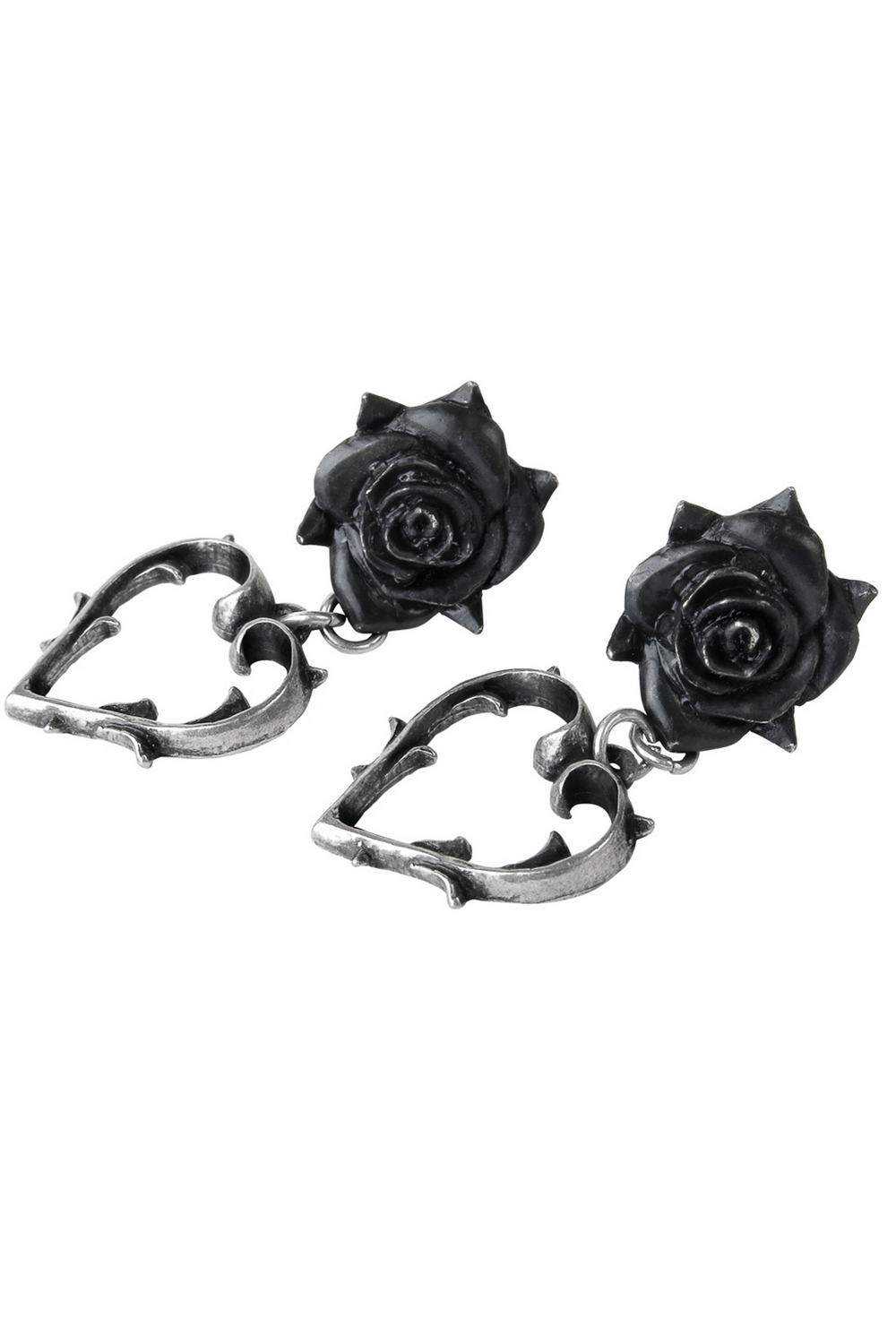 Elegant black rose earrings featuring pewter heart detailing, perfect for gothic charm and dark romance.