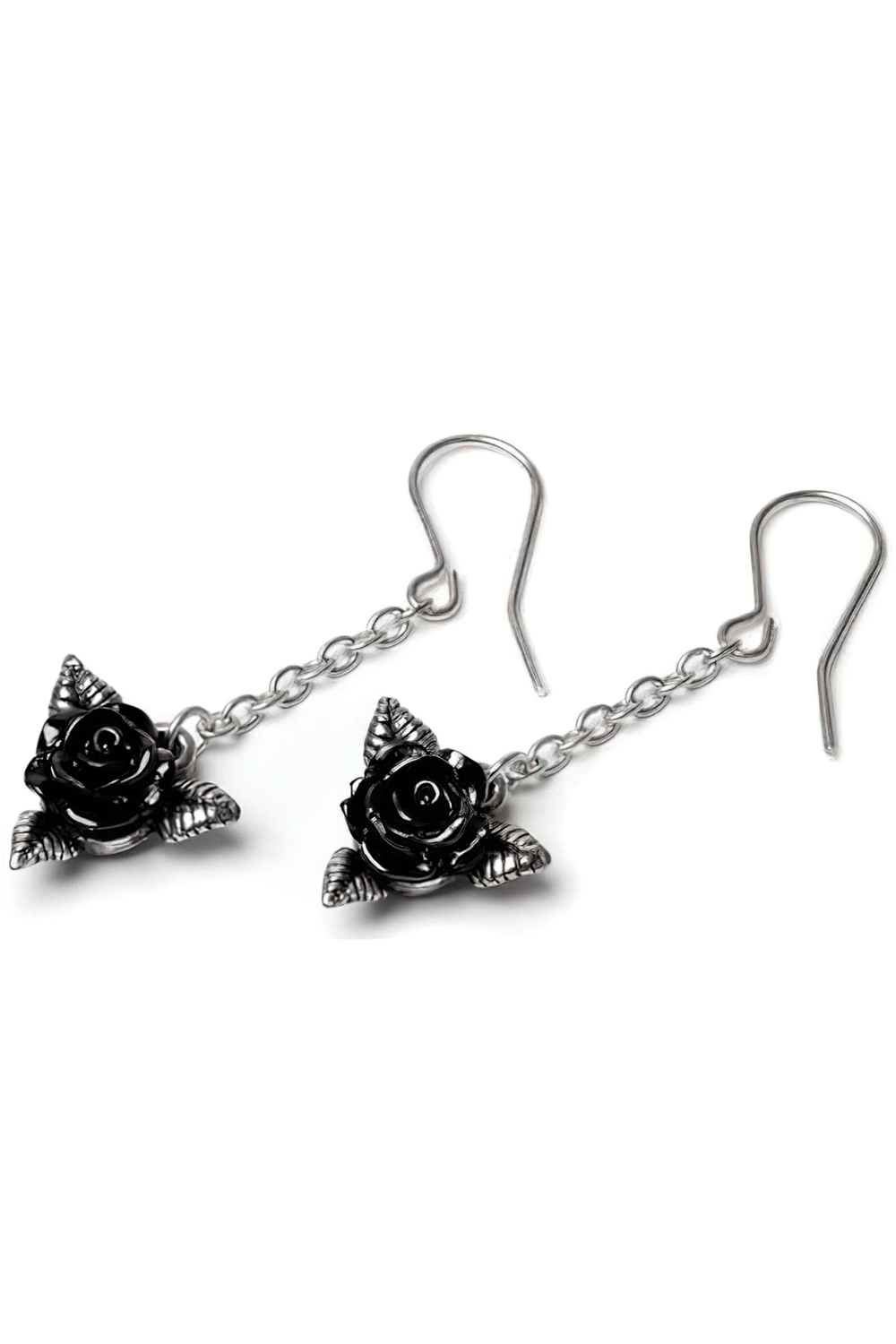 Black rose drop earrings with silver leaves, perfect for gothic and alternative fashion enthusiasts.