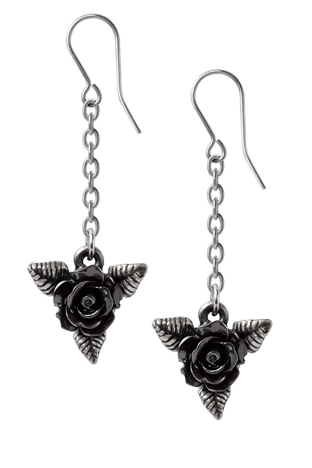 Black rose dropper earrings with silver leaves for gothic and alternative fashion.