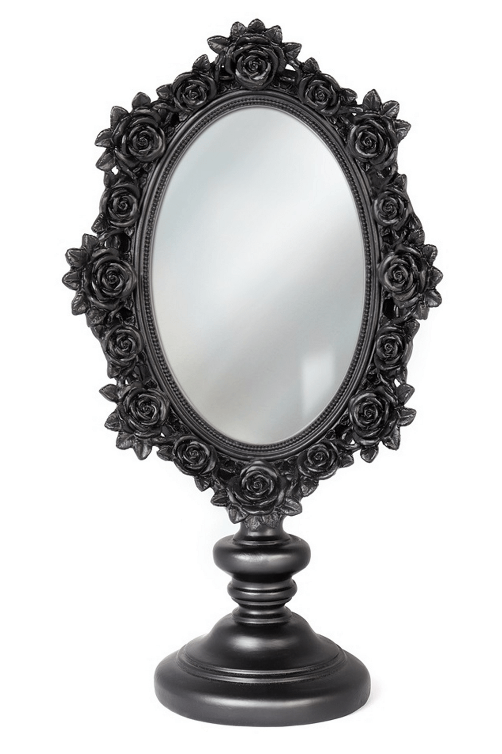 Gothic black rose-framed vanity mirror on elegant pedestal stand, perfect for vintage-inspired decor.