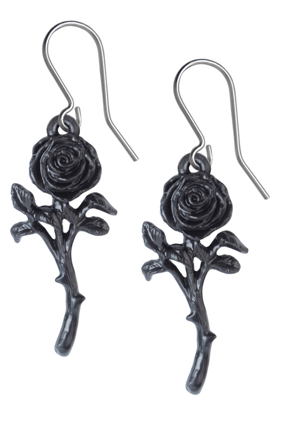 Gothic black pewter rose drop earrings with stainless steel ear wires, perfect for a dark, romantic style.