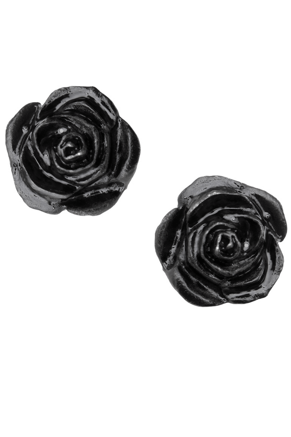 Miniature black rose stud earrings with surgical steel posts, embodying gothic floral elegance.
