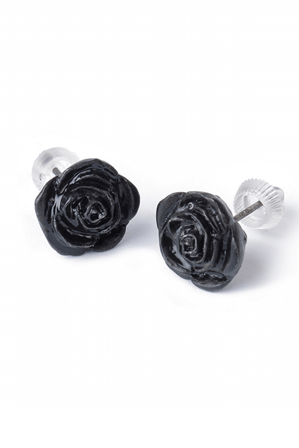Black rose stud earrings with surgical steel posts, perfect for gothic floral style lovers.