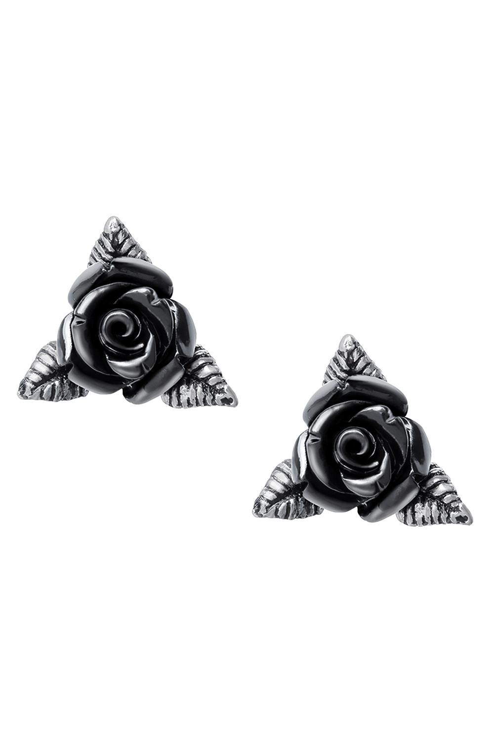 Black rose triangular stud earrings with pewter details, perfect for gothic fashion enthusiasts.