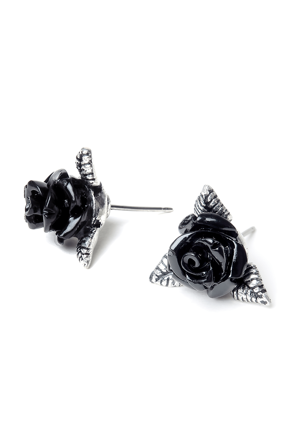Black rose triangular stud earrings with pewter details, perfect for gothic fashion lovers.