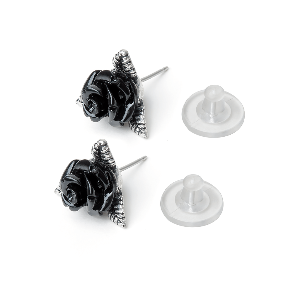 Black rose triangular stud earrings with pewter details, perfect for gothic fashion lovers.