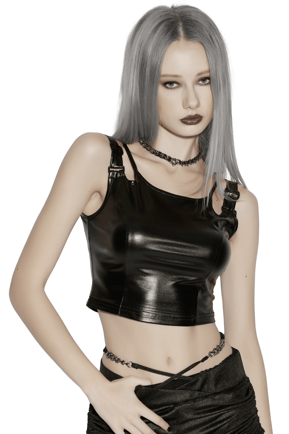 Black Rubberized Punk Techwear Crop Top Women showcasing a sleek fit with metal buckle straps and stylishly edgy design.