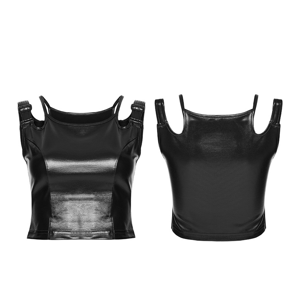 Black Rubberized Punk Techwear Crop Top Women showcasing sleek fit and adjustable metal buckle straps.