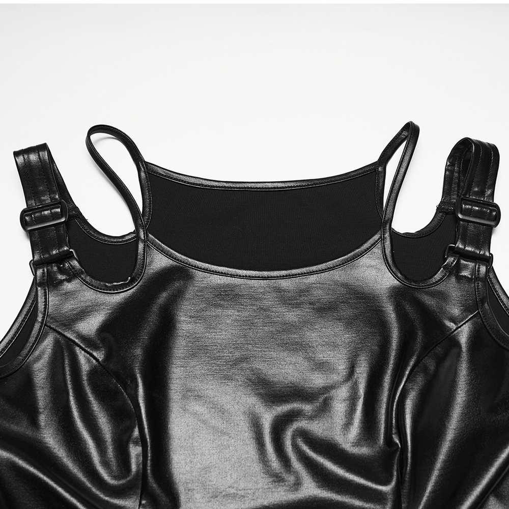 Black Rubberized Punk Techwear Crop Top Women with metal buckle straps and sleek fit.