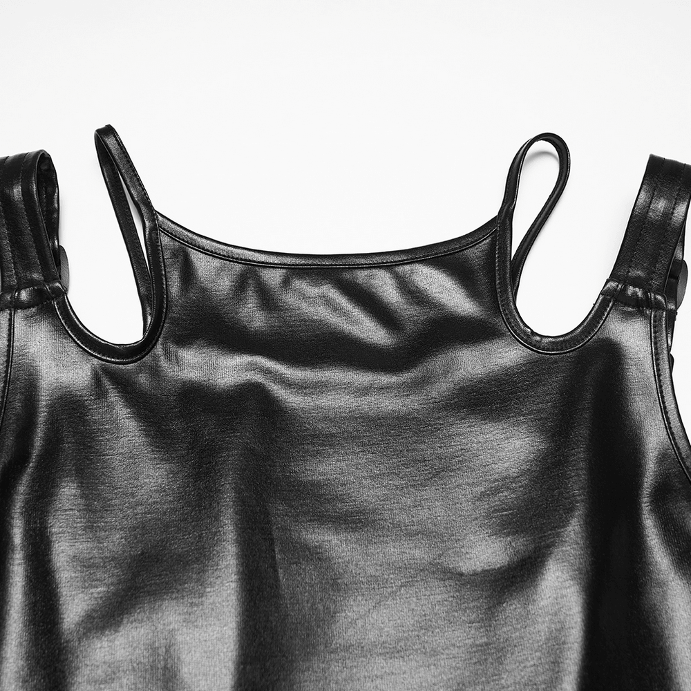 Black Rubberized Punk Techwear Crop Top Women featuring metal buckle straps and sleek fabric.