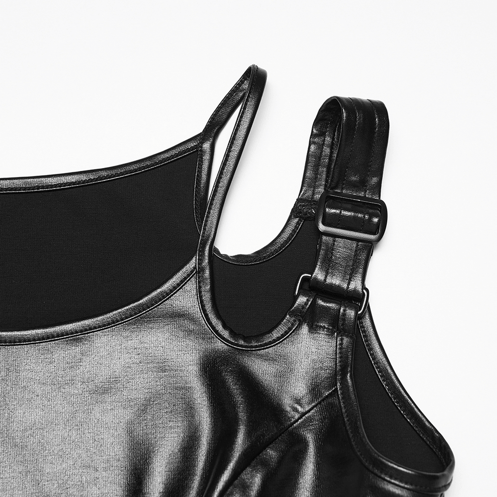 Black Rubberized Punk Techwear Crop Top Women close-up of adjustable straps and sleek fabric detail.