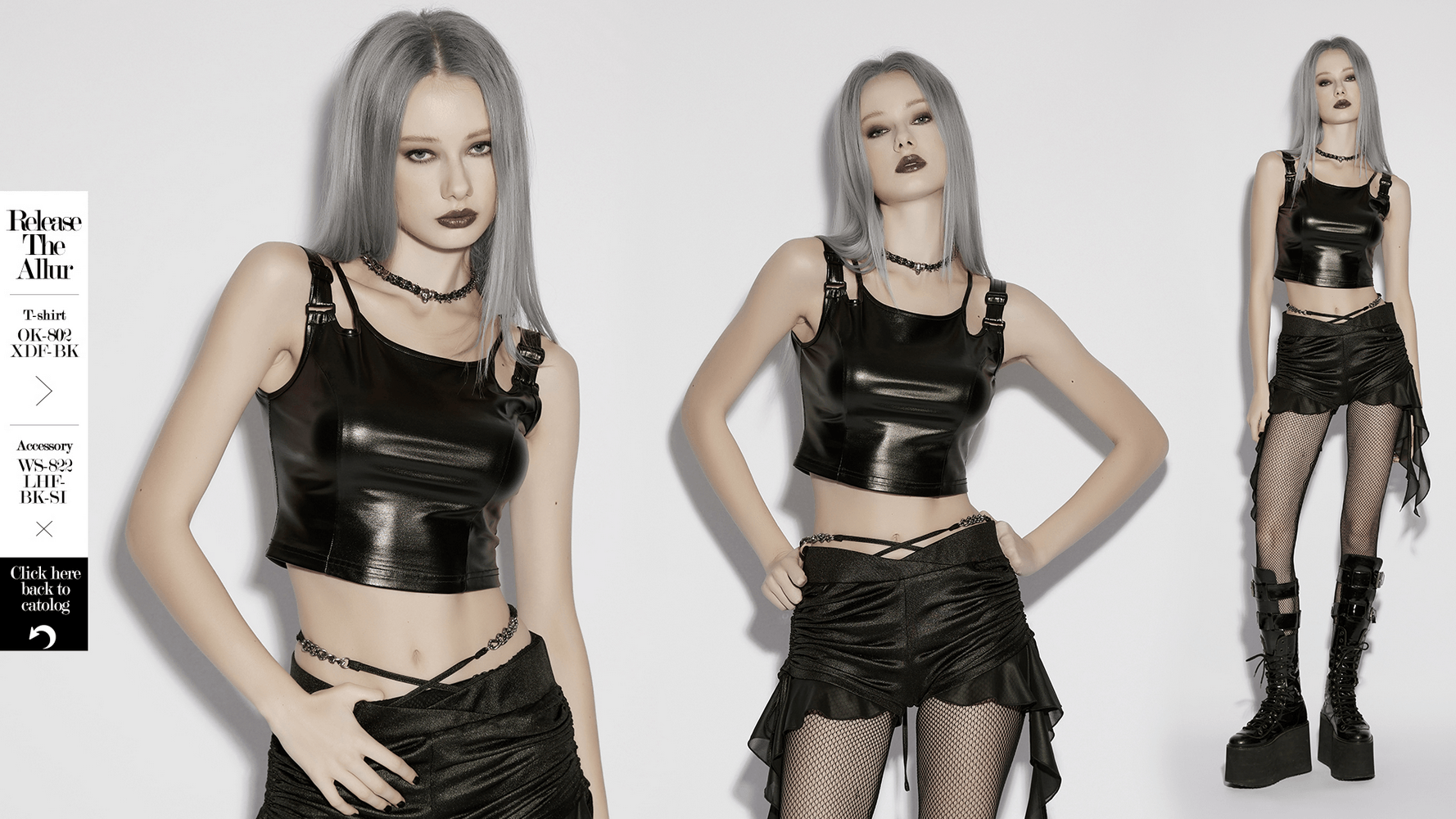 Black Rubberized Punk Techwear Crop Top Women worn by model showcasing stylish metallic buckle straps and fitted design.