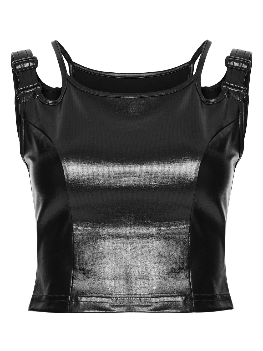 Black Rubberized Punk Techwear Crop Top Women showcasing sleek fit and adjustable buckle straps.