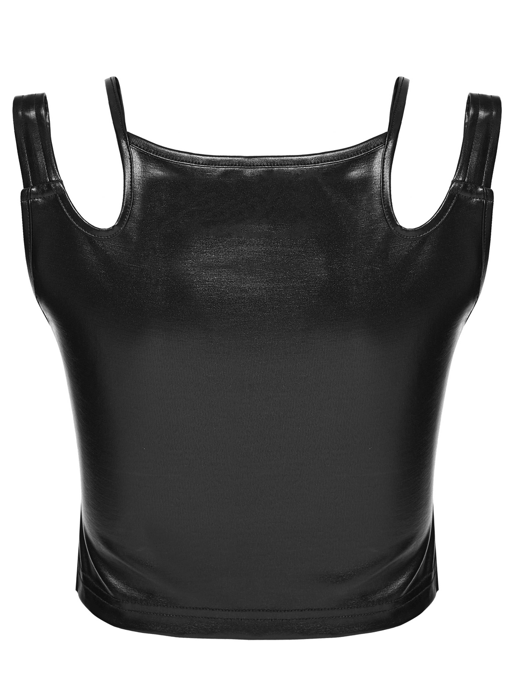 Black Rubberized Punk Techwear Crop Top Women - Sleek, fitted crop top with metal buckle straps, showcasing a striking back design.
