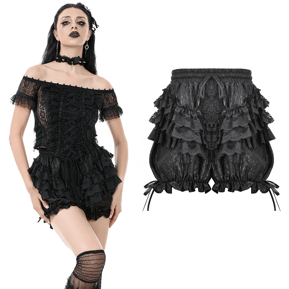 Gothic Victorian black ruffle lace bloomers shorts with satin ribbon detail, perfect for vintage-inspired outfits.