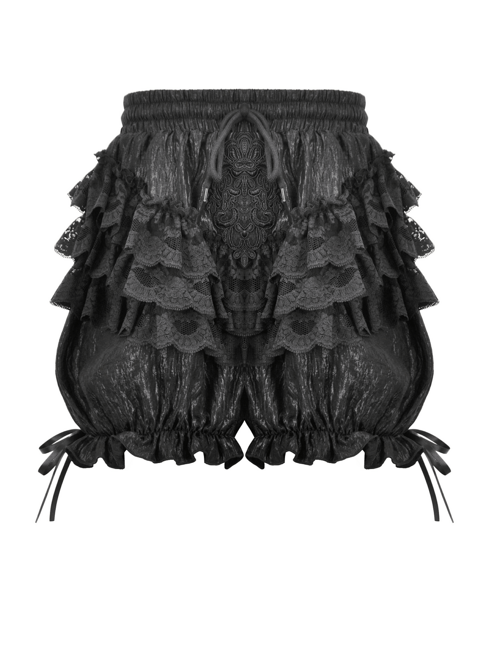 Black ruffle lace bloomers with satin ribbons, perfect for gothic and Victorian-inspired outfits.