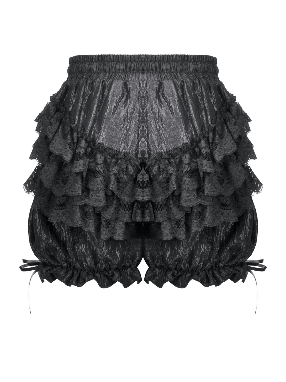 Gothic black ruffle lace bloomers shorts with satin ribbon ties, perfect for a Victorian-inspired outfit.