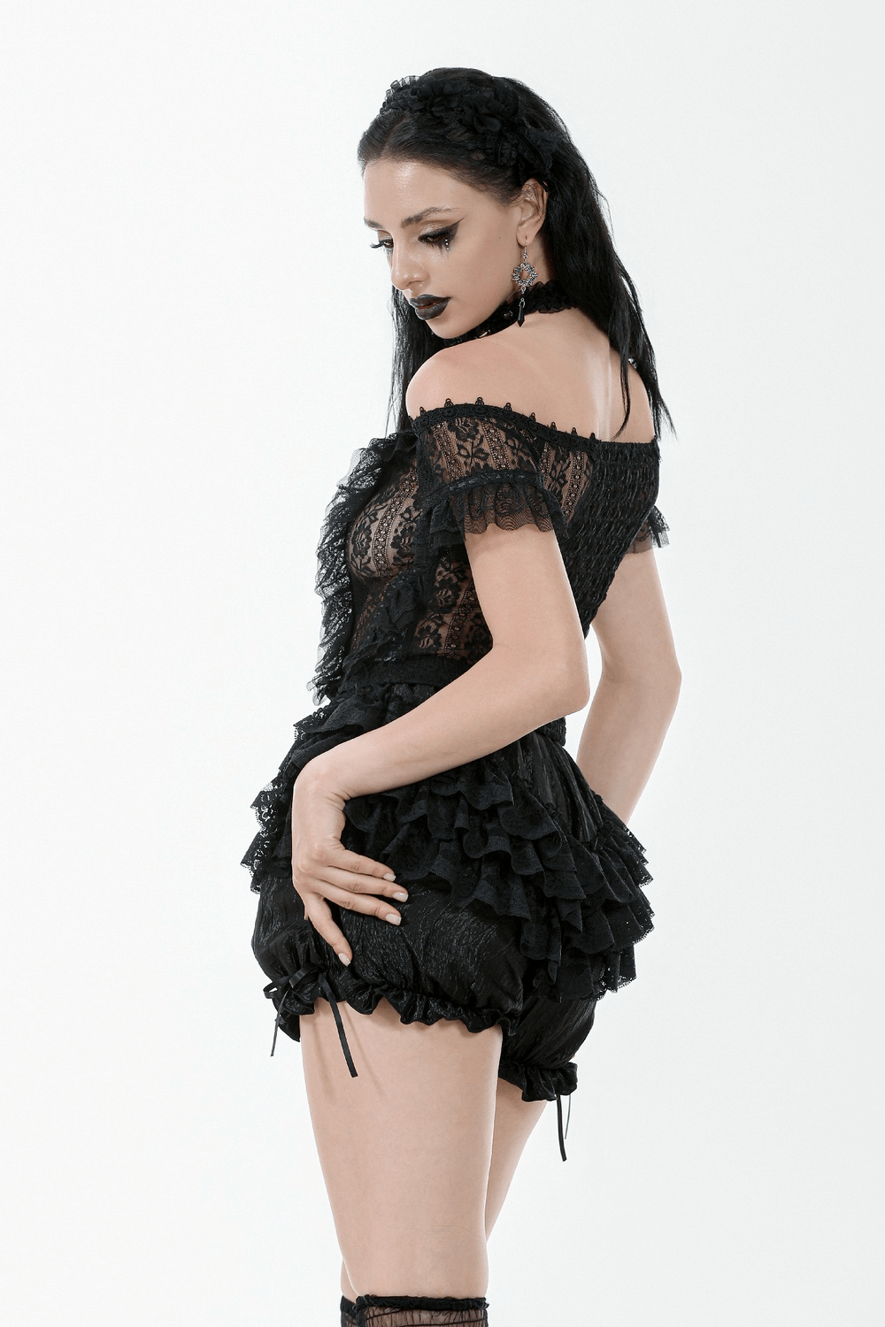 Black ruffle lace bloomers shorts with tying ribbons, perfect for a gothic Victorian outfit.