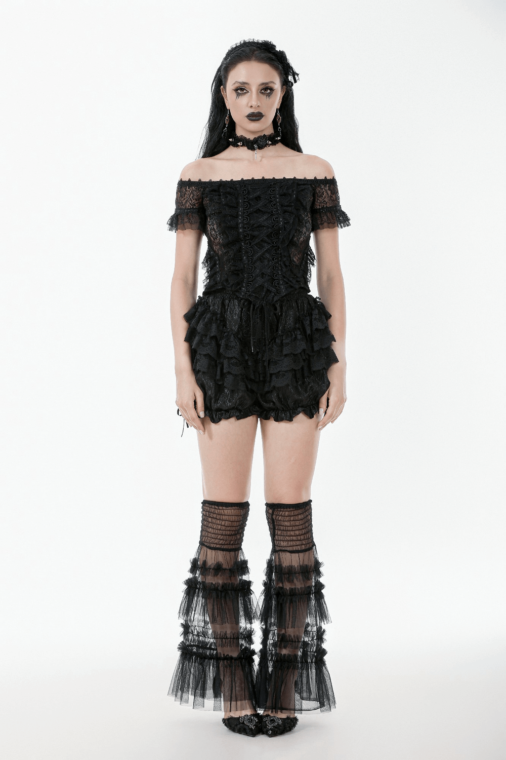 Gothic Victorian black ruffle lace bloomers shorts with satin ribbons, perfect for a vintage-inspired look.