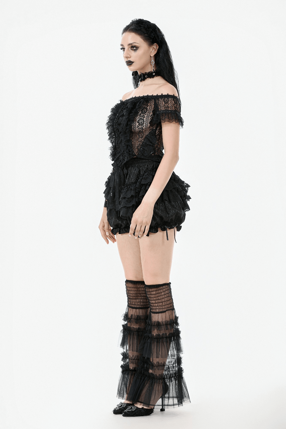 Gothic Victorian black ruffle lace bloomers shorts with tying ribbons, perfect for a romantic vintage look.