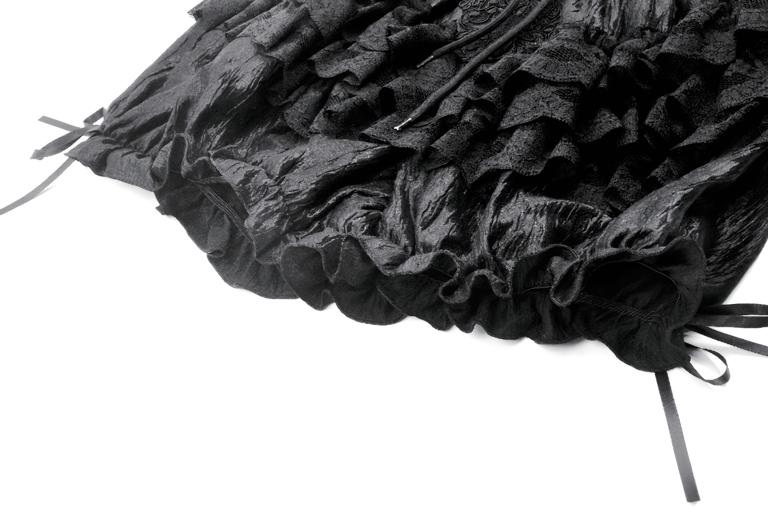Close-up of black ruffle lace bloomers shorts with satin ties, showcasing their gothic Victorian design.