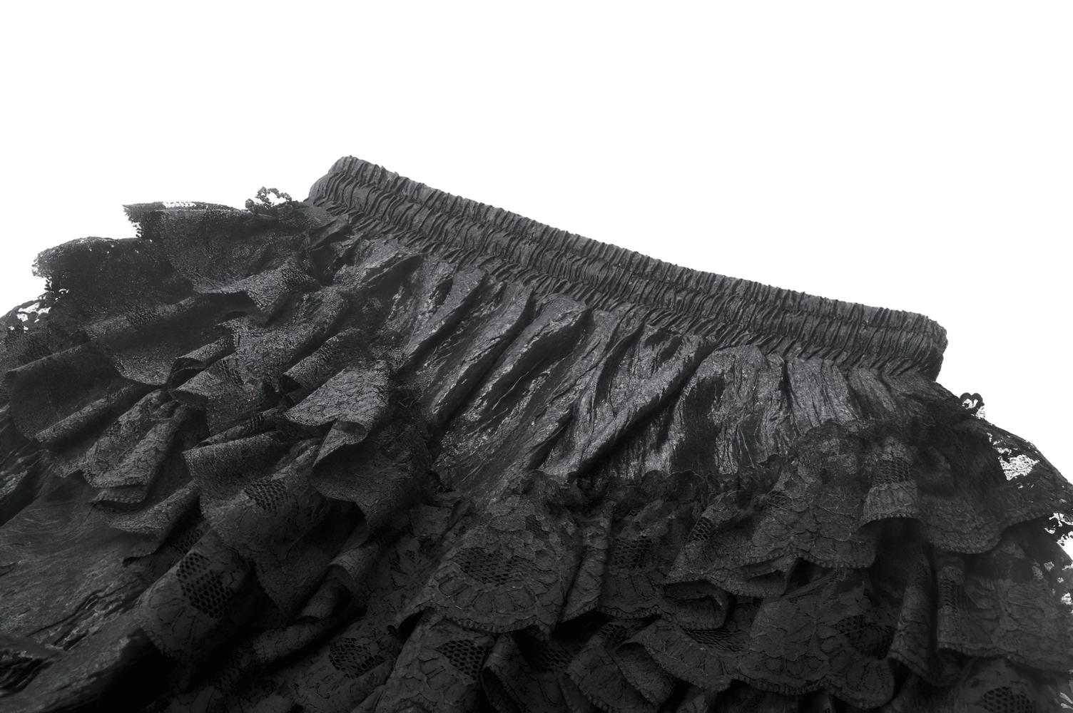 Close-up of black ruffle lace bloomers shorts showcasing elastic waistband and layered lace detail.