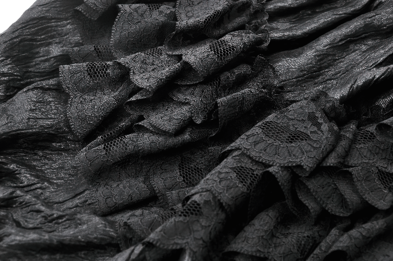 Close-up of black layered lace ruffles on gothic Victorian bloomers shorts with satin details.