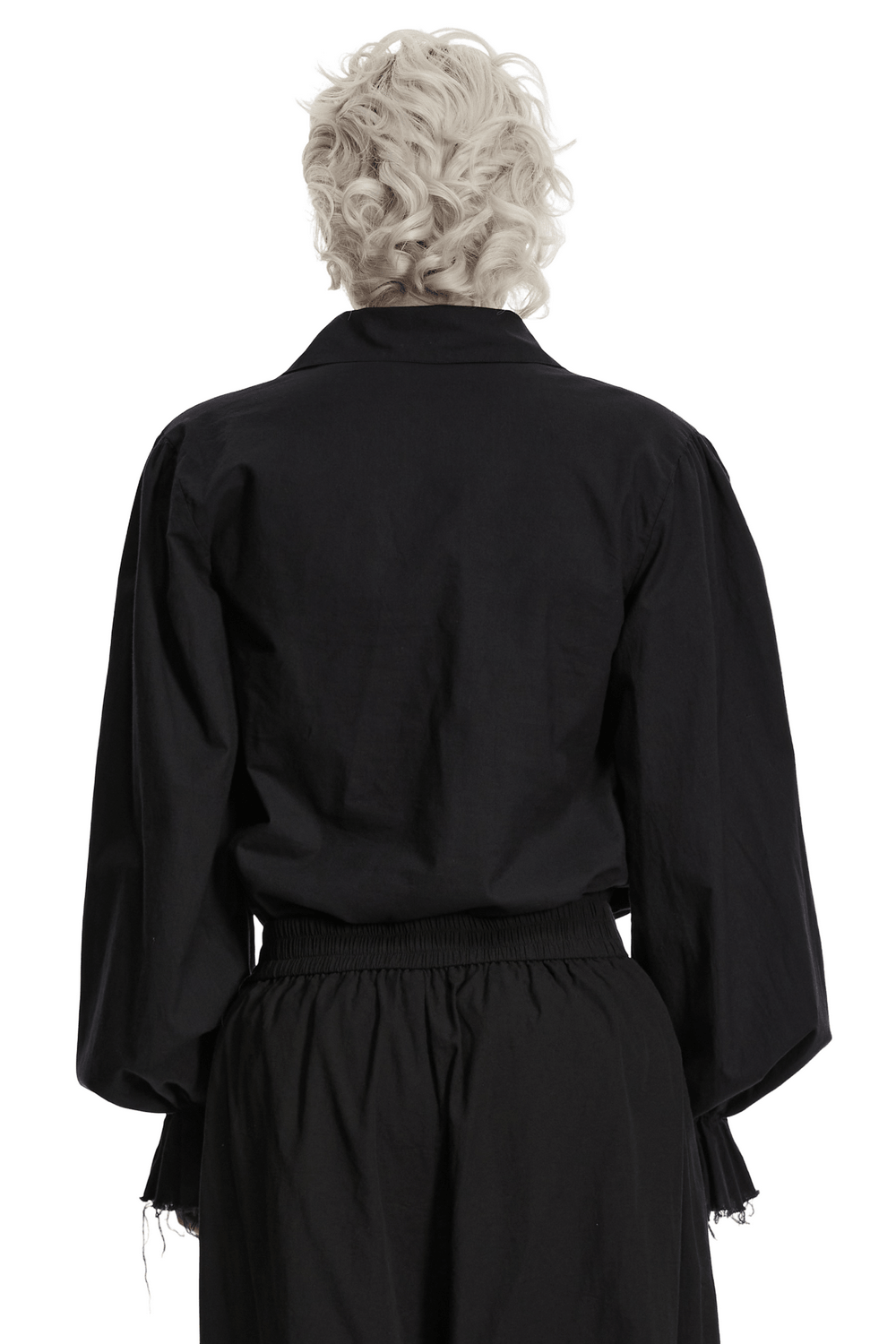 Back view of Black Ruffle Lace Up Gothic Poet Shirt for Men, showcasing bubble sleeves and clean gothic style.