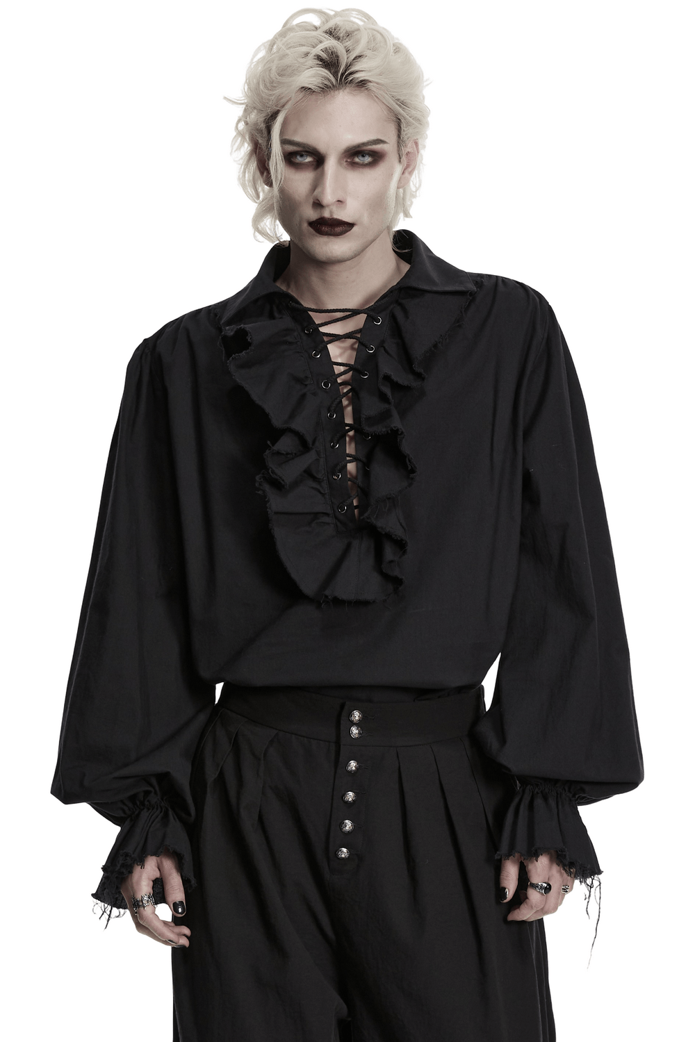 Black Ruffle Lace Up Gothic Poet Shirt for Men worn by a model with dramatic makeup and styled hair.