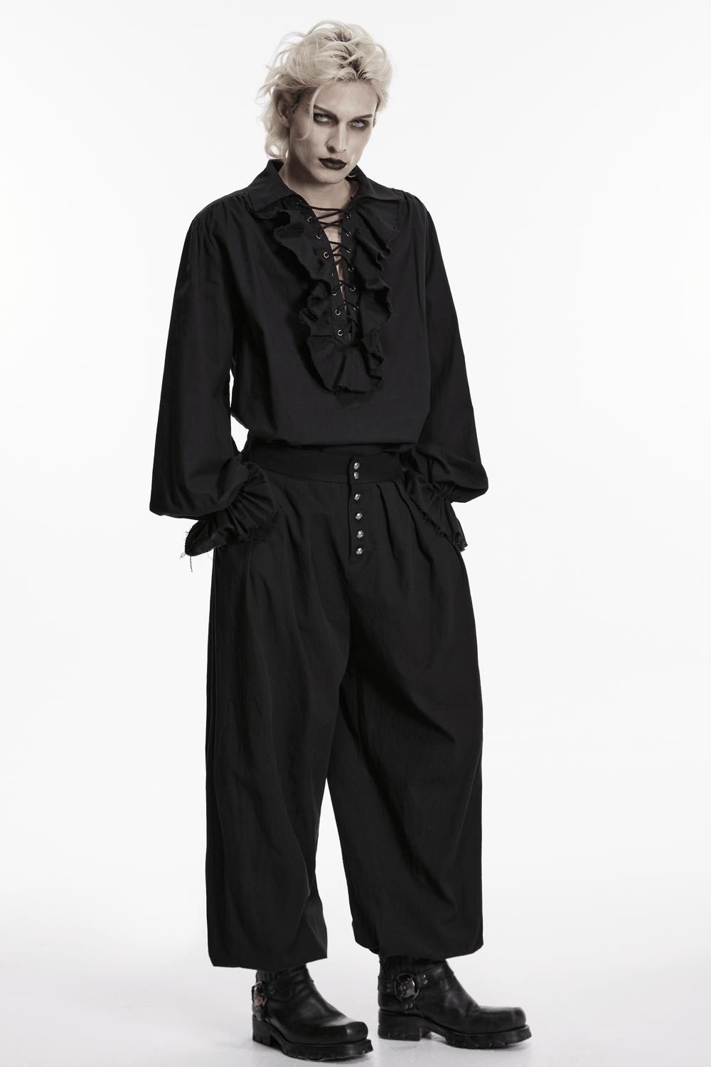 Black Ruffle Lace Up Gothic Poet Shirt for Men, styled with bubble sleeves and dramatic ruffles.